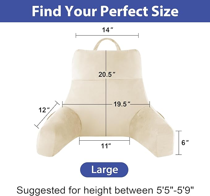 Reading Pillow with Arms for Adult, Back Pillow for Bed Sitting Up, Shredded Memory Foam Backrest Pillow with Pockets & Removable Washable Cover, Lounging, Watching TV, Reading(20" Beige)