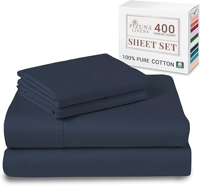 Pizuna Pure 100% Cotton Sheets King Size, Luxurious 400 Thread Count Long Staple Cotton Sateen Sheets with 15inch Deep Pocket (Combed Dark Blue Sheet King)