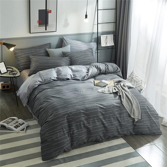 Grey Stripe Duvet Cover Queen Cotton Bedding Sets Geometric Stripe Comforter Cover Modern Style Masculine Bedding Sets for Men Boy Teen Luxury Soft Stripe Bedding Duvet Cover Full Queen Size