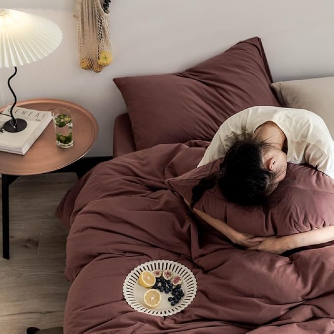 LifeTB Brick Red Duvet Cover Twin XL Size Soft Jersey Knit Cotton Bedding Set Minimalist Clay Rust Red Comforter Cover 3 Pieces Solid Color Bedding Knitted Cotton Duvet Cover with 2 Pillowcases