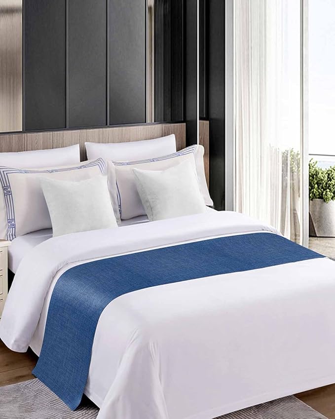 Retro Farm Linen Flax Bed Runners for Bedroom Hotel,Decorative Bedding Scarf Blue Solid Color Ocean Bed End Blanket Bedding Runner Scarves for Full Size Bed,83x20in