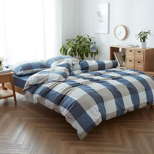 FACE TWO FACE Bedding Duvet Cover Set100% Washed Cotton Duvet Cover Linen Like Textured Breathable Durable Soft Comfy (Queen, Blue and White Grid)