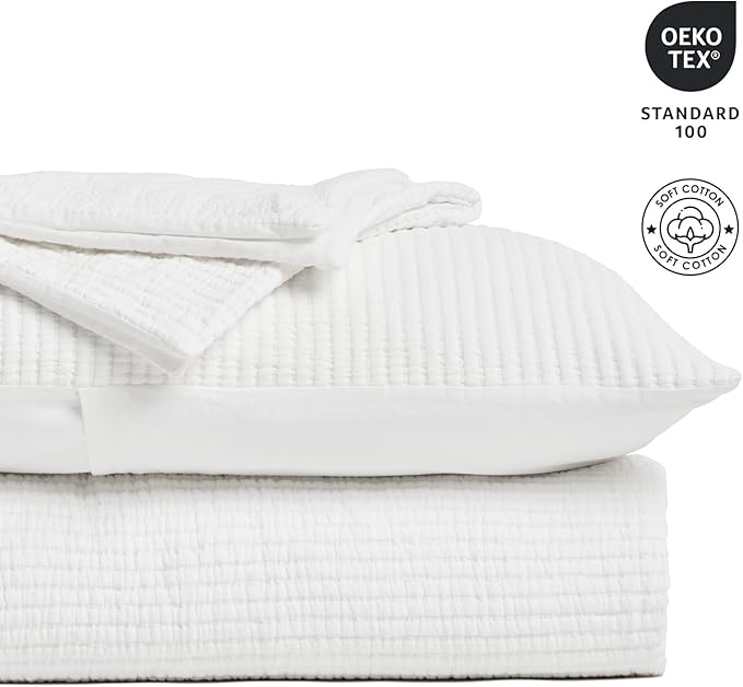 EVERGRACEHOME Cotton Gauze Full Queen Bedspread, Ultra Soft Prewashed Pick Stitch Matelassé Coverlet, Lightweight Textured Oversized Queen Quilt Bedding Set for All Season, with 2 Shams, Ivory White