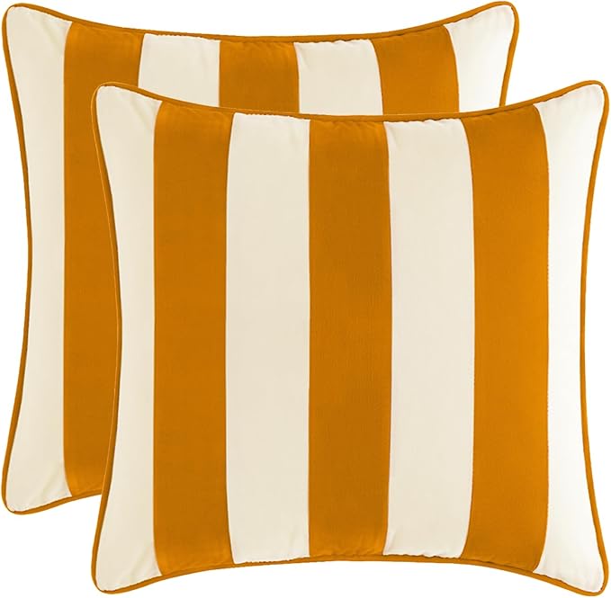 MONDAY MOOSE Decorative Throw Pillow Covers Cushion Cases, Set of 2 Soft Velvet Striped Piping Edge Designs, Pillow Inserts Not Included (16x16 inch, Honey/Cream)
