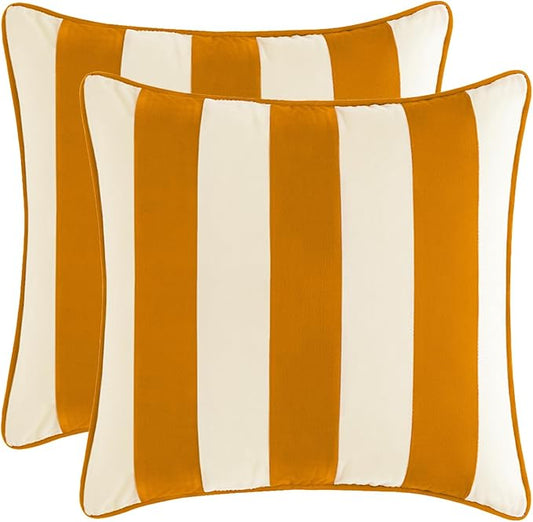 MONDAY MOOSE Decorative Throw Pillow Covers Cushion Cases, Set of 2 Soft Velvet Striped Piping Edge Designs, Pillow Inserts Not Included (18x18 inch, Honey/Cream)