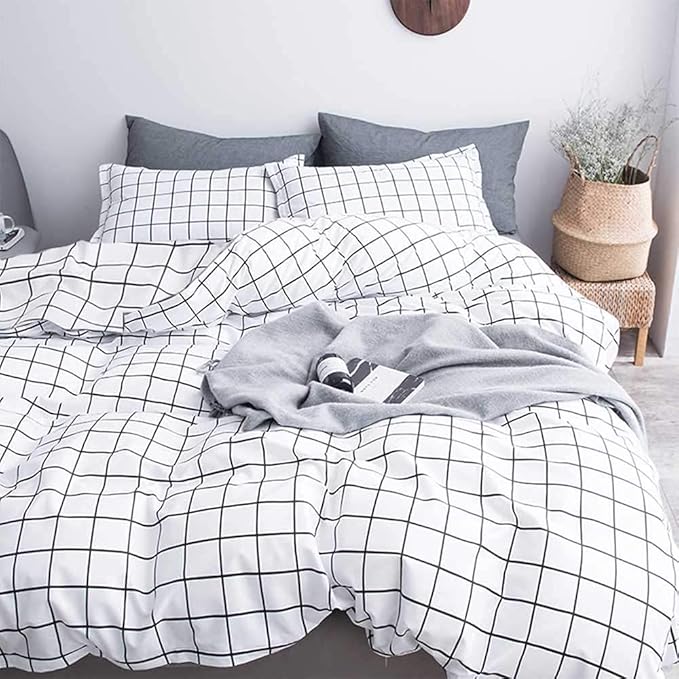 Nanko Duvet Cover Set Full Size White Grid, 80x90 Soft Bedding Cover, Luxury Cool Lightweight Microfiber 3pc Set (1 Cover 2 Pillowcase) with Zip, Tie - Modern Style Bed Quilt Cover for Decor, Plaid