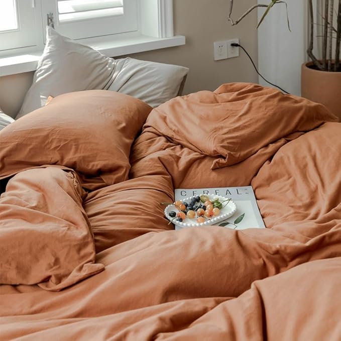 LifeTB Terracotta Burnt Orange Duvet Cover Queen Jersey Knit Duvet Cover Set 100% T-Shirt Cotton Comforter Cover Rust Color Caramel Bedding Set Boho Pumpkin Orange Comforter Cover with Zipper Closure