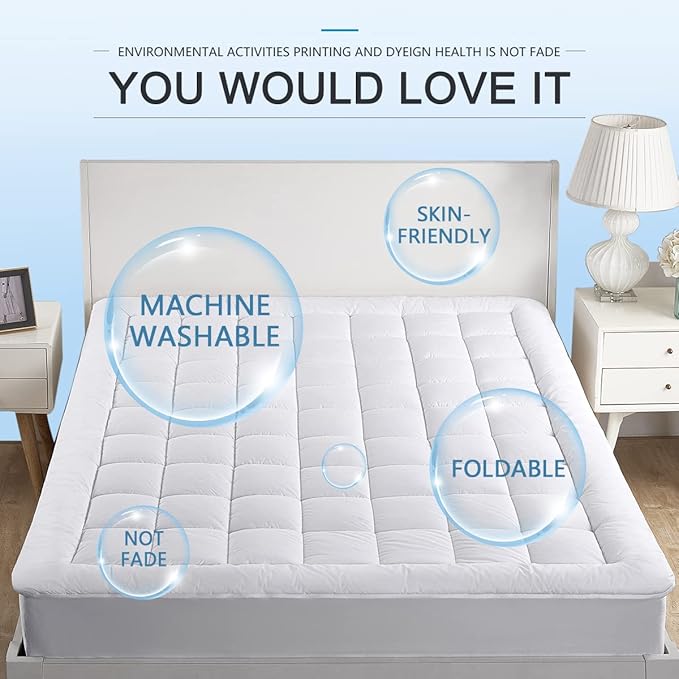 Twin XL Mattress Pad Cover Pillow Top with Stretches to 18” Deep Pocket Fits Up to 8”-21” Cooling White Bed Topper (Down Alternative, Twin XL Size)