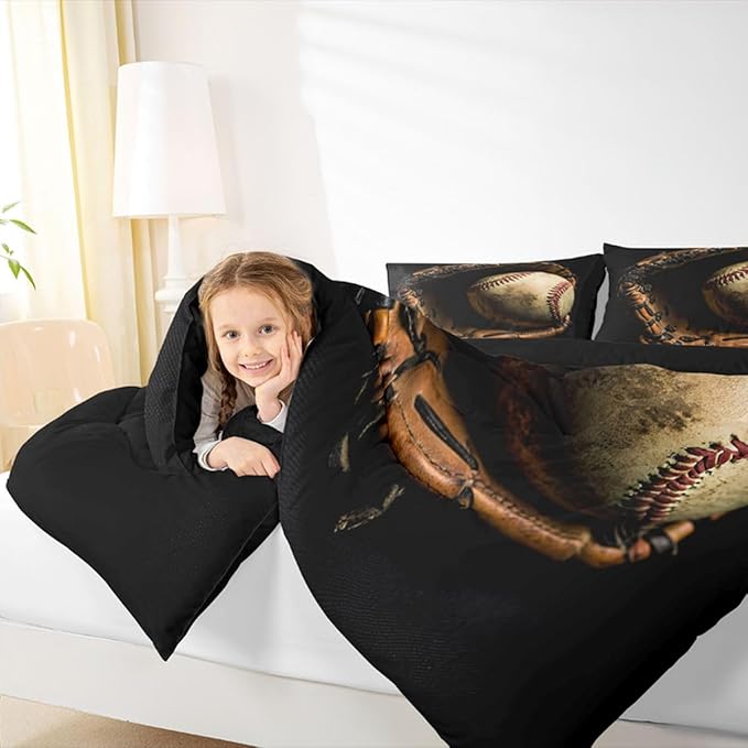 Erosebridal Baseball Comforter Set Queen Size Sports Game Bedding Baseball Player Duvet Insert for Kids Boys Teens Retro Style Quilt for Room Dorm Decorative, Brown Down Comforter