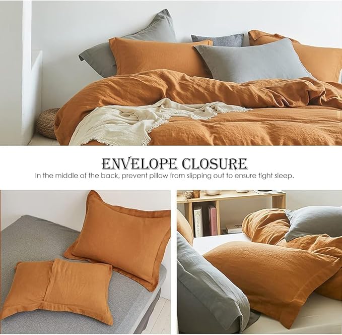 Simple&Opulence 100% Linen Duvet Cover Set, 3 PCS Natural French Flax Rust Duvet Cover King Size, Breathable Soft Comfy Linen Bedding Comforter Cover with 2 Pillowcases(Rust, 104"x92")