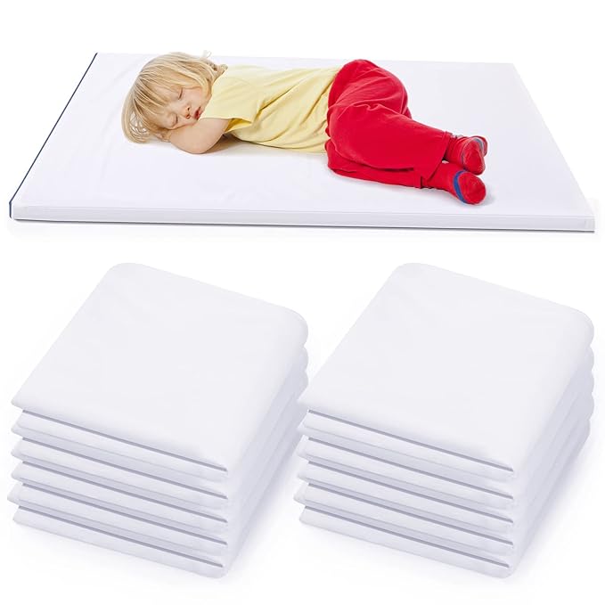 Lounsweer 10 Pcs Daycare Nap Mat Sheet 24 x 52 Day Care Rest Mat Cover Fitted Polyester Baby Pillowcase Style Sheets for Boy Girl Classroom Nursery Kindergarten Kid Sleeping, White
