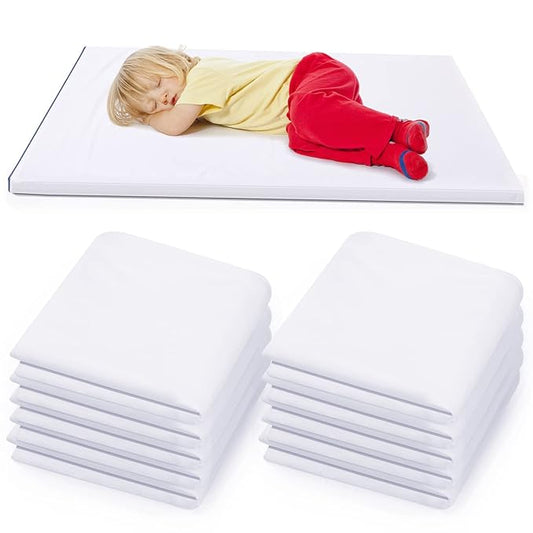 Lounsweer 10 Pcs Daycare Nap Mat Sheet 24 x 52 Day Care Rest Mat Cover Fitted Polyester Baby Pillowcase Style Sheets for Boy Girl Classroom Nursery Kindergarten Kid Sleeping, White
