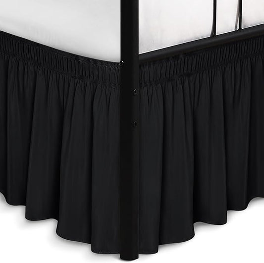 Biscaynebay Wrap Around Bed Skirts with Split Corners for Full Beds 15" Drop, Black Adjustable Elastic Dust Ruffles Easy Fit Wrinkle Resistant Silky Luxurious Fabric Machine Washable