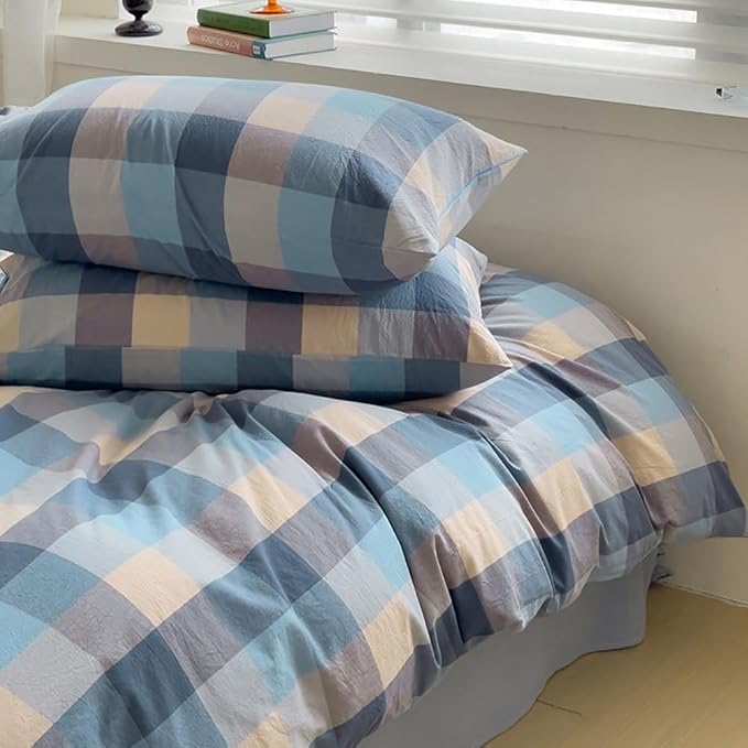 LifeTB Washed Cotton Plaid Duvet Cover King Blue Grey Plaid Grid Bedding Set King 3 Pieces Buffalo Grid Duvet Cover Modern Checkered Gingham Comforter Cover Farmhouse Bedding Set Breathable