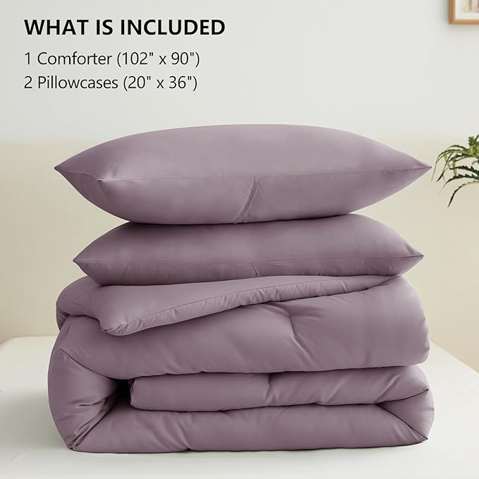 CozyLux King Size Comforter Set Dusty Purple, 3 Pieces Solid Comforters King Size Breathable Quilted Bedding Set, Luxury Soft Bed Set with Down Alternative Comforter (1 Comforter & 2 Pillowcases)