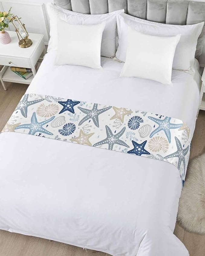 Blue Khaki Coral Bed Runner for Full/Queen Size, Bedspread Protector Slipcover Scarf 83x20 Spring Summer Coastal Starfish Beach Nautical Conch
