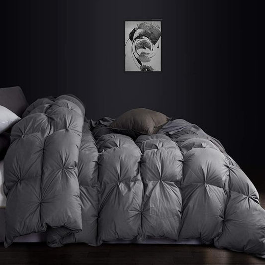 Luxurious All-Season Goose Down Feather Fiber Comforter Queen Size Duvet Insert, Exquisite Pinch Pleat Ruffled Twisted Flower, Premium Baffle Box, 100% Egyptian Cotton Cover, 60 oz. Fill Weight, Gray