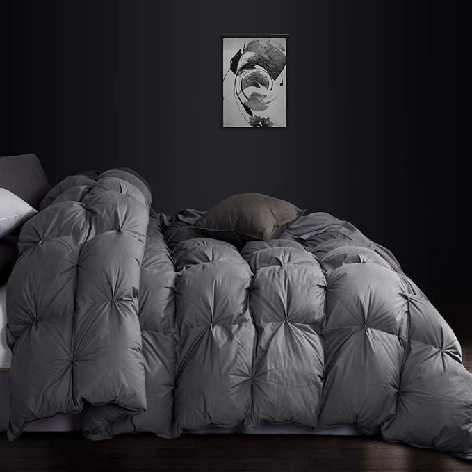 Luxurious All-Season Goose Down Feather Fiber Comforter Queen/Oversize Queen Duvet Insert (98x98), Exquisite Pinch Pleat Design- Gray, Premium Baffle Box, 100% Egyptian Cotton, 70 oz. Fill Weight