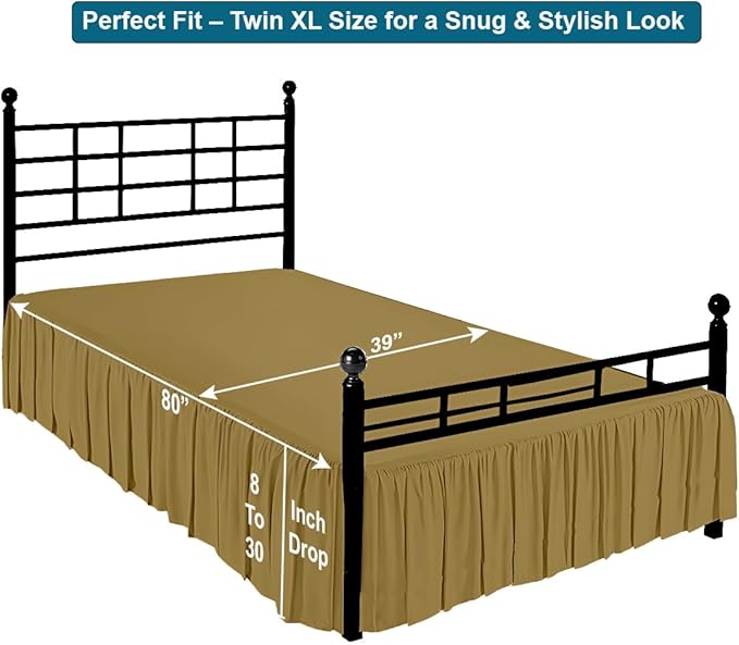 Shreem Linen Ruffled Bed Skirt with Split Corners, Gathered Style, 100% Microfiber, 28-Inch Drop, Dust Ruffle Bedskirt with Platform, Twin-XL, Taupe