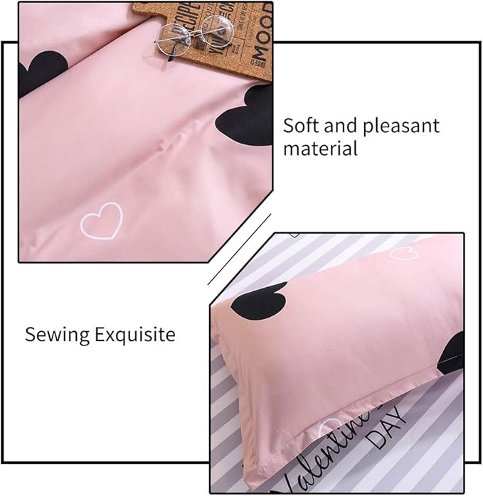Omelas Blush Pink Heart-Shaped Queen Duvet Cover Set Black and Dusty Rose Full Bedding Comforter Cover Reversible Blue White Striped Soft Microfiber Quilt Cover for Kids Girls Teens Women