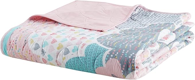 Intelligent Design Kids Reversible Cotton Quilt Set - Vibrant Fun, Playful Print, All Season Children Bedding Coverlet Bedspread, Decorative Pillow, Bedroom Décor, Twin/Twin XL, Cloud Pink 4 Piece