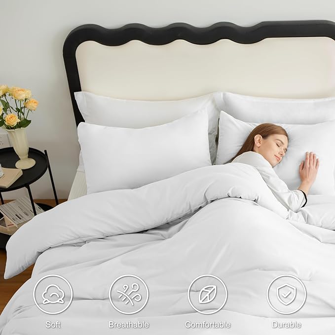 CozyLux Oversized King Comforter Set White, 3 Pieces 120x98 Solid Breathable Quilted Style Bedding Sets All Season, Luxury Soft Down Alternative Comforter Bed Set (1 Comforter & 2 Pillowcases)