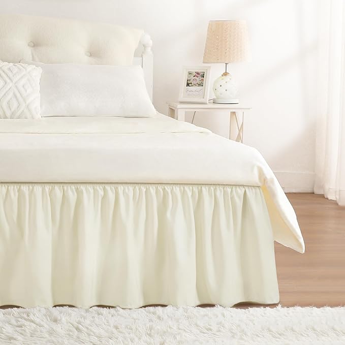 RIMELA Ivory Bed Skirt King Size 18 Inch Drop, Elastic Bed Skirting for Bed Base and Frame, Bedding Dust Ruffle Easy to Install, Lightweight Wrap Around Adjustable Bedskirt