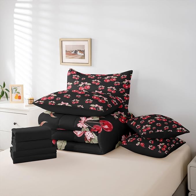 Feelyou Red Cherry Comforter Set with Sheets 7 Piece Twin Size Pink Bowknot Bedding Set for Kids Boys Girls Cartoon Cherry Bed in a Bag Cute Bow Room Decor Soft Lightweight Microfiber