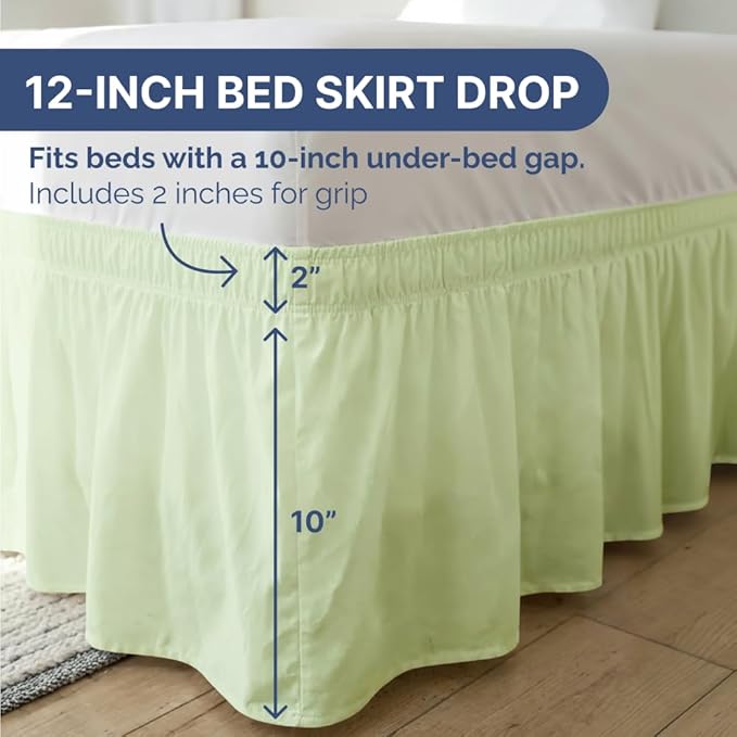 Wrap Around Dust Ruffle Bed Skirt - Light Sage - for Full Size Beds w/ 12 Inch Drop - Easy Fit Elastic Strap - Adjustable Pleated Bedskirt w/Brushed Fabric - Wrinkle Free, Women, Men, Kids & Teens