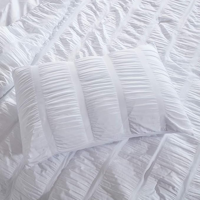 SLEEP ZONE Luxury Seersucker Queen Comforter Set 3-Piece, Soft & Lightweight Down Alternative Duvet Insert with Pillow Sham Cooling for Summer, White