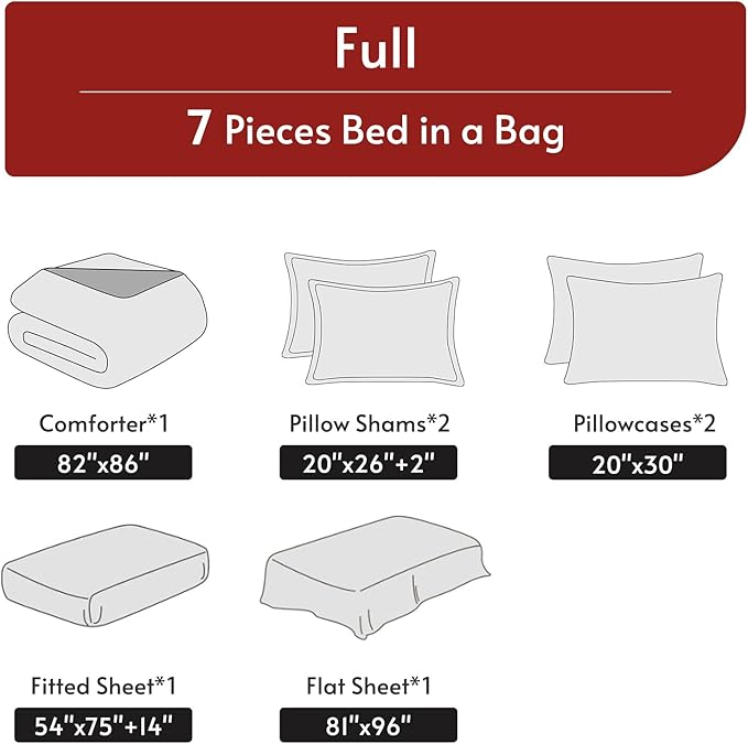 MUXHOMO 7 Pieces Full Comforter Set, Reversible Bed in a Bag Full Size, All Season Bedding Set with Comforter, Flat Sheet, Fitted Sheet, Pillowcases & Shams, Red & Black