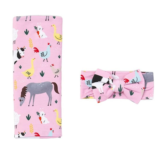 Little Sleepies Swaddle & Headband Bow Set, Viscose from Bamboo Baby Swaddles, Newborn Baby Girl Clothes (Luxe Pink Farm Animals)