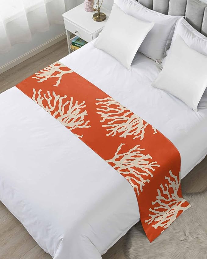 Coral Orange Bed Runner Scarf for Full Size Bed Foot,Decorative Bedding Accessory Stainproof & Dustproof Soft Protector For Bedroom Wedding Room Coastal White Ocean Marine Nautical Beach 83"x20"