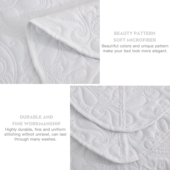Oversized King Bedspread 138x122 Extra Wide, Ultrasonic Lightweight Bedding Cover, Paisley Pattern, Reversible, 5 Piece, 100% Microfiber, California/Alaskan King, Pure White