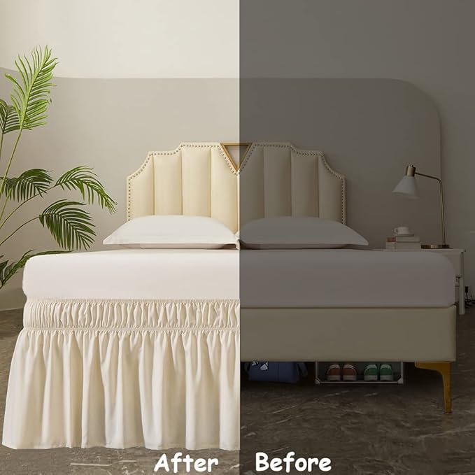 MEILA Wrap Around Bed Skirt Three Fabric Sides Elastic Dust Ruffled 24 Inch Tailored Drop,Easy to Install Fade Resistant-Beige, Twin/Full