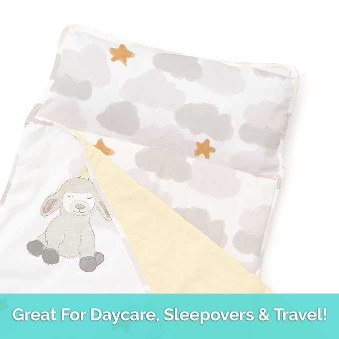JumpOff Jo Nap Mat for Kids - Cozy Kids Rest Mat with Removable Pillow and Ultra Soft Blanket for Preschool, Daycare, and Sleepovers - Little Lamb