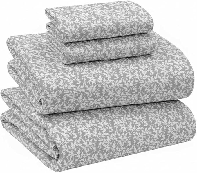 Briarwood Home® Printed Flannel Sheet Set, 100% Natural Cotton, Soft, Warm & Deep Pocket, Advanced Nano-Tech Making it Resistance to Pilling; Brushed 6 Times for Softness (La Folia Grey, Queen)