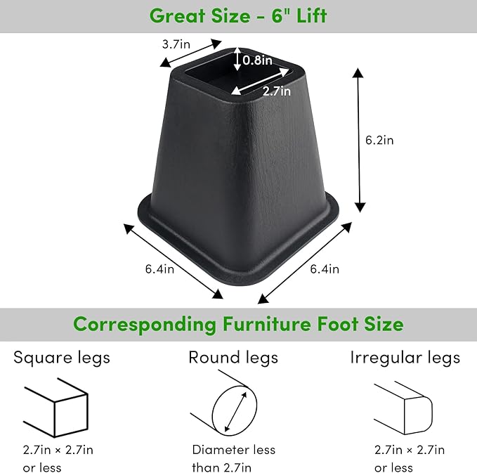DEDU Bed Risers 6 Inch Heavy Duty 4 Pack, Furniture Risers for Sofas Oversized, Couch Risers with Non-Slip Pad Supports Up to 2200 Lbs for Bed, Desk, Chair (Black)