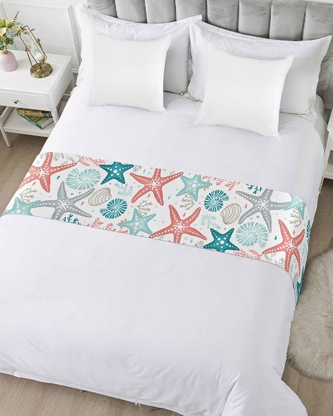 Teal Green Coral Bed Runner for Twin Size Bed, Bedspread Protector Slipcover Bed Scarf for Foot Bed Runners & Scarves for Bedroom Hotel 71x20 Inches Spring Summer Coastal Starfish Beach Nautical Conch