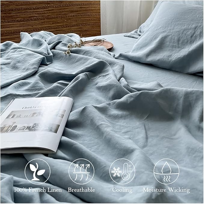 Simple&Opulence Washed Linen Bed Sheet Set Basic Style 4 Pieces (1 Flat Sheet & 1 Fitted Sheet & 2 Pillowcases) 100% Natural French Flax Soft Breathable Farmhouse Bedding (Queen, Duaty Blue)