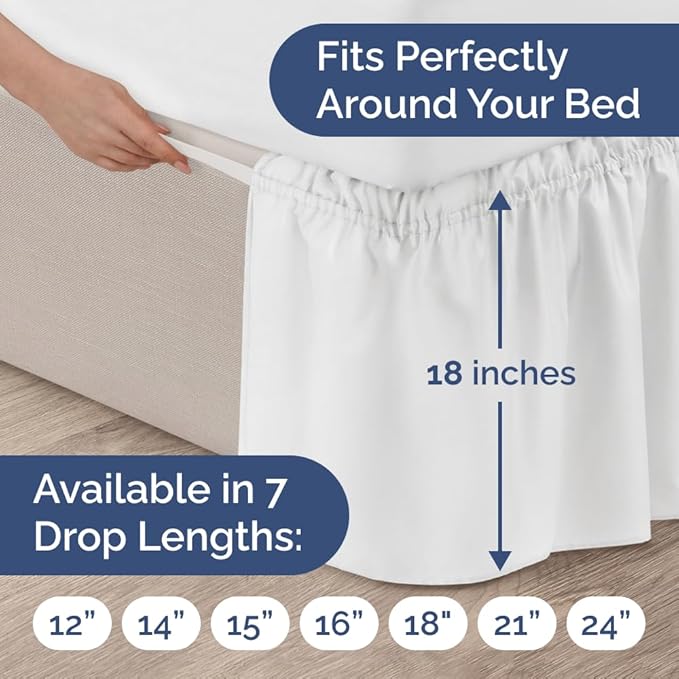 Wrap Around Dust Ruffle Bed Skirt - White - for Queen Size Beds with 18 Inch Drop - Easy Fit Elastic Strap - Adjustable Pleated Bedskirt w/Brushed Fabric - Wrinkle Free - for Women, Men, Kids & Teens