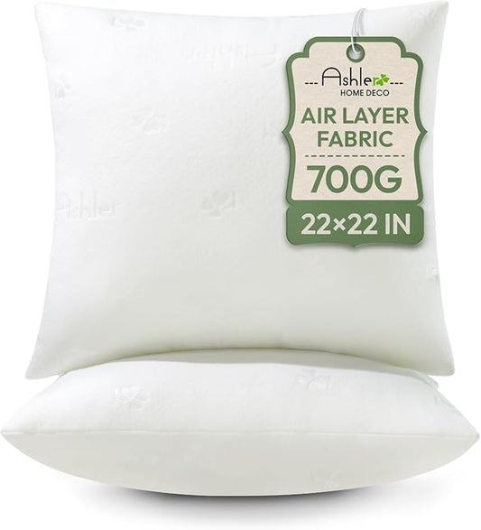 Ashler Throw Pillow Inserts 22 x 22 Inches Set of 2,Firm and Fluffy Decorative Square Pillows with Air Layer, Indoor Square Cushion Stuffer for Couch Bed Sofa and Living Room