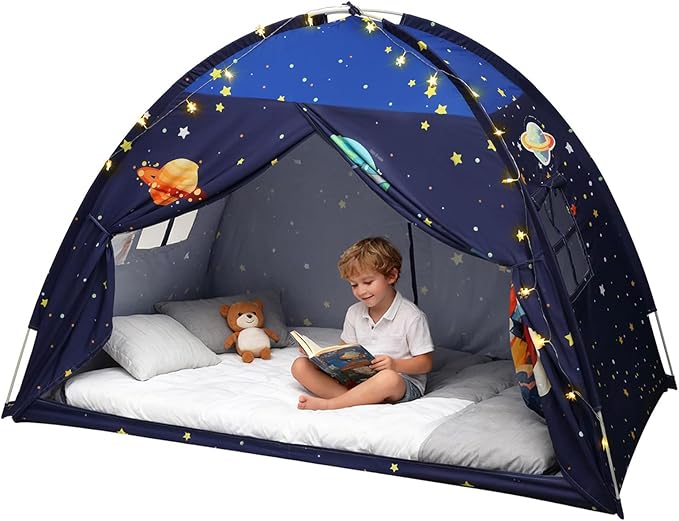 Redants Twin Bed Tent Canopy, Space Indoor Blackout Privacy Toddler Bed Tent for Kids with Light, Portable Sleeping Floor Kids Playhouse (Blue, Twin Size)