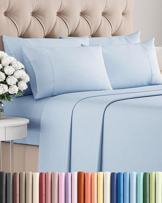 Cal King 6 Piece Sheet Set - Comfy Breathable & Cooling - Ultra-Soft Hotel Luxury Bedding Set w/ 8-16 Inch Deep Pockets - 1 Flat & 1 Fitted Sheet & 4 Pillowcases - Wrinkle Free & Easy Care - Sky Blue