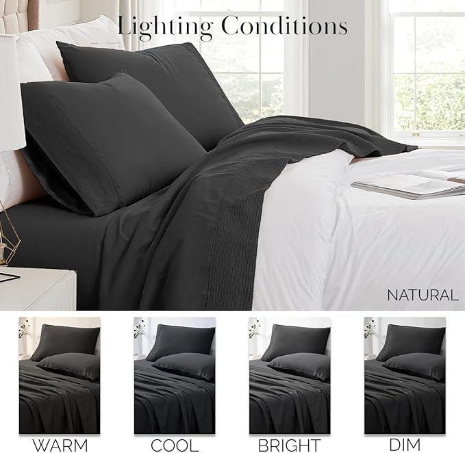 SouthShore Fine Living Vilano Pleats, 4-Piece, 21-Inch Extra Deep Pocket Sheet Set, Full Sheets Set with Flat Sheets and Pillowcase, Easy Care and Shrinkage-Free Deep Pocket Sheets, Sheet Set, Black