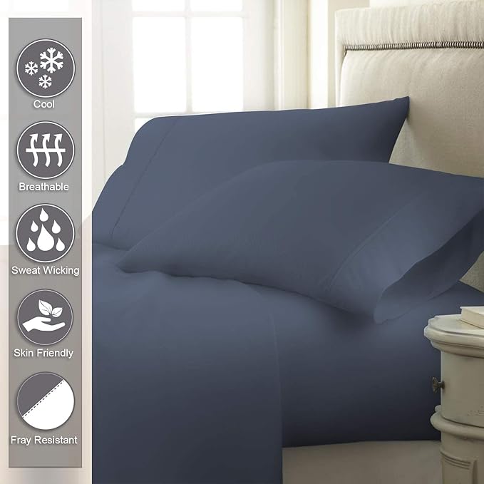 Pizuna Pure 100% Cotton Sheets California King Size, Luxurious 400 Thread Count Long Staple Cotton Sateen Sheets California King with 15" Deep Pocket (Combed Dark Blue Cotton Sheets California King)