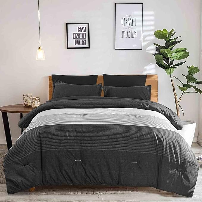 Faincy 7 Pcs Queen Size Comforter Set with Sheets, Black and Grey Patchwork Striped Pattern Printed Alternative Bed Sets - 90 x 90 Soft Microfiber Modern Bedding in a Bag for Women Men, Gray