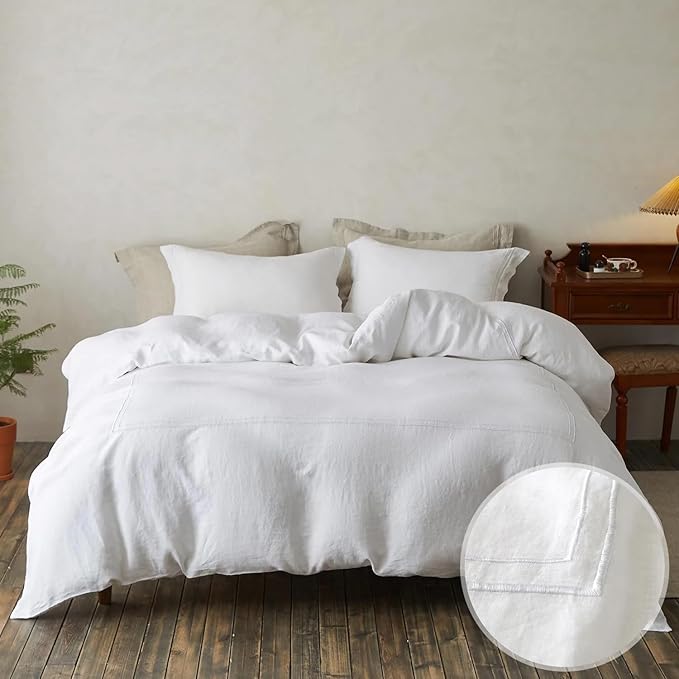 Simple&Opulence 100% Washed Linen Duvet Cover Set 104"x92" - 3 Pieces Soft Farmhouse Comforter Cover Set Double Embroidered with Button Closure - 1 Duvet Cover and 2 Pillowcases (White, King)