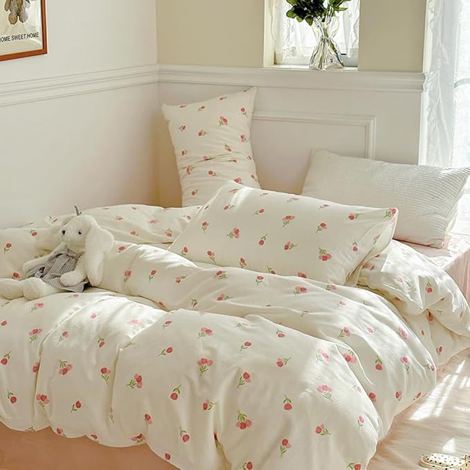 Nayoroom Pink Floral Duvet Cover Twin Size Cute Tulip Printed on White Comforter Cover 2Pcs Kids Girls Kawaii Cottagecore Bedding Set with Zipper Closure Soft Breathable Microfiber