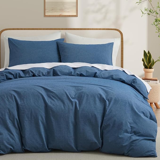 LOVQUE 100% Washed Cotton Duvet Cover Queen Size, Denim Blue Fade-Resistant Natural Bedding Set (No Comforter), 90x90 Inches